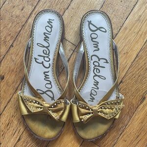 Sam Edelman Gold Silk Sandals with Peep-Toe Design